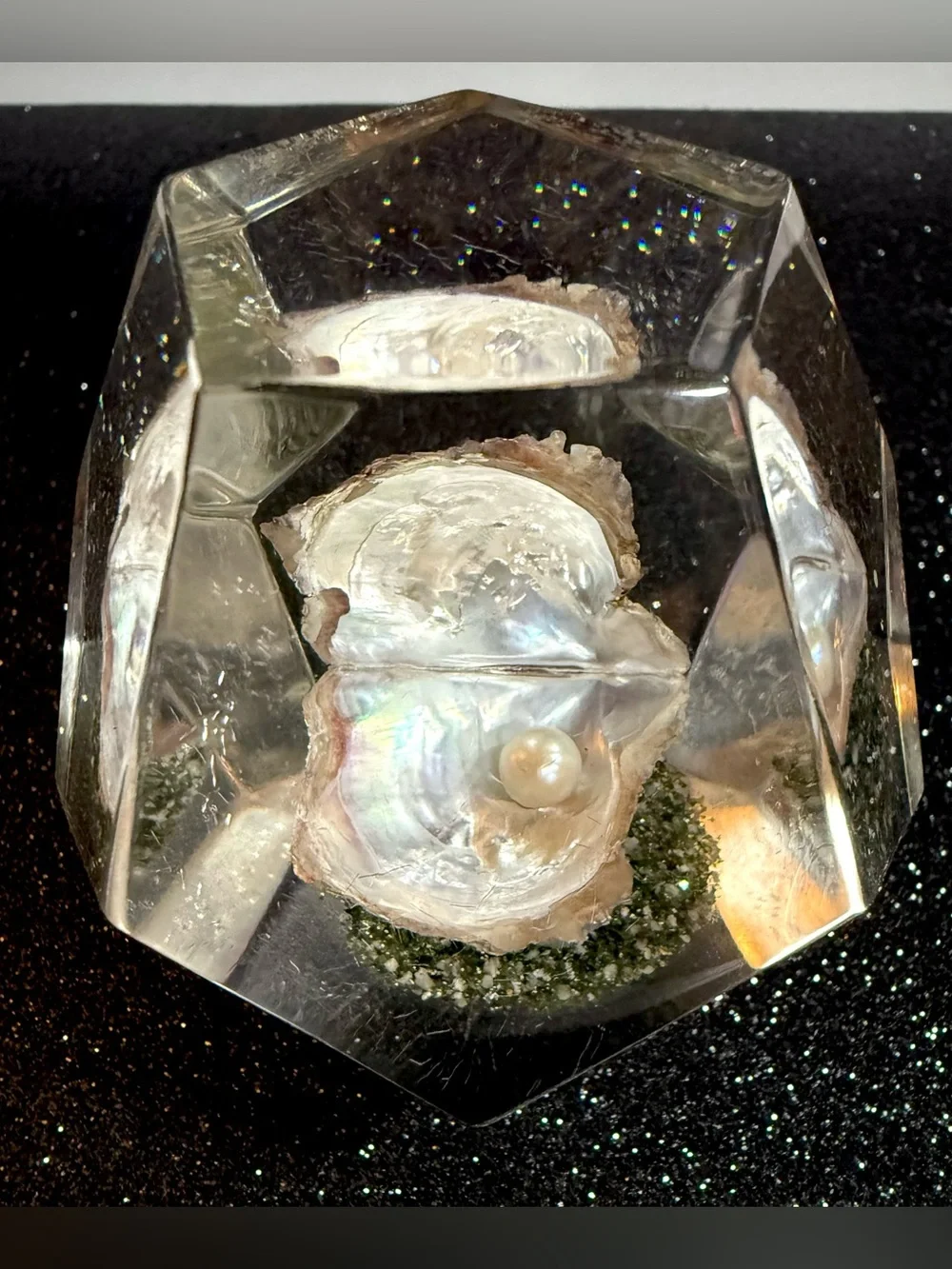 Vintage Lucite Paperweight With Pearl in Oyster Shell